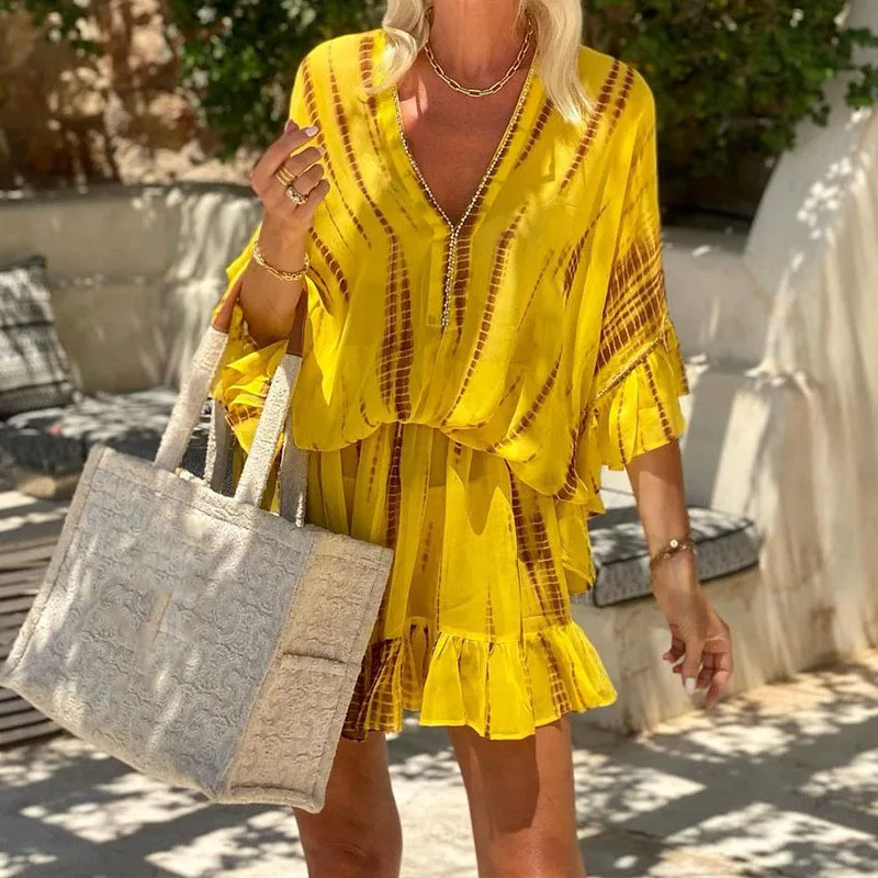 Female Fashion Deep V Waist Short Dress Yellow Printed Loose Summer Holiday Dress Casual Ruffled Batwing Sleeves Mini Dress New