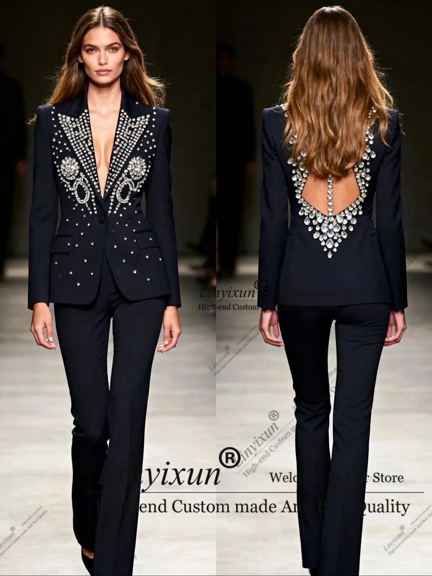 Fashion Crystals Rhinestone Women Suits Sets 2 Piece Elegant Customized Peaked Lapel Outfits Fashion Casual Chic Female Suit