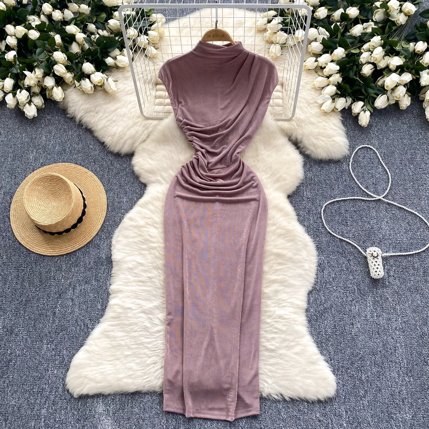 Sexy vintage Elegant Half high collar sleeveless sweet Dress Slim Women Party summer pencil pleated dresses