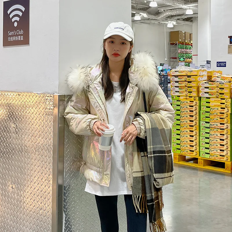 Chaqueta corta de plumón de pato blanco para mujer, Cuello de piel de zorro, a la moda, brillante, suelta, cálida, de invierno