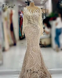 Elegant Pearls Applique Mermaid Party Dress Evening Long Sleeves Dubai Woman Prom Dresses Arabic Formal Event Gowns cerimonia