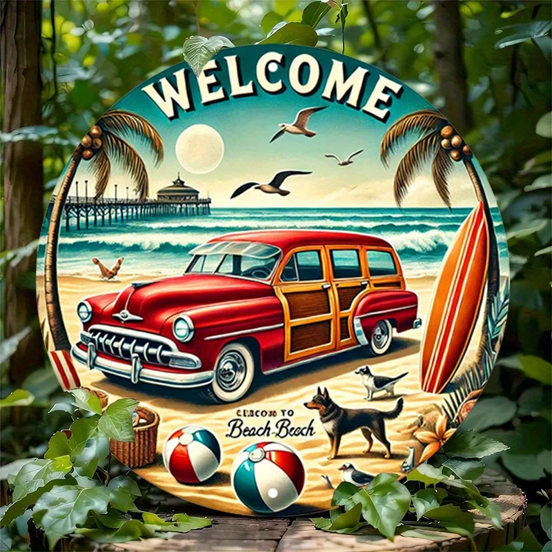1 Stück Retro-Strand begrüßt Holzschild – Vintage-Auto- und Surfbrett-Illustrationen, kreisförmige Wandkunst, Bar, Café, Strandhaus