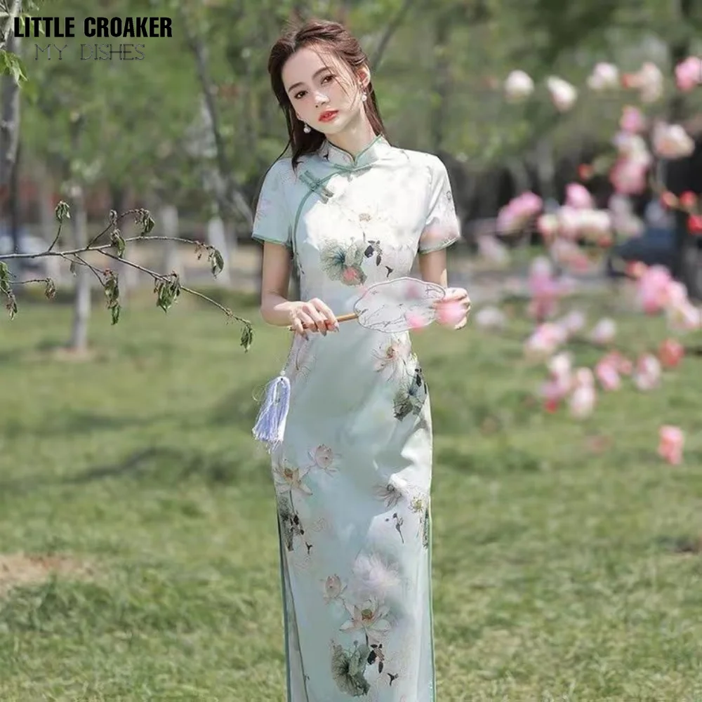 

Long Cheongsam 2023 New Chinese Summer Young Girls' Improved Daily High End Vintage Republic Light Green Qipao Dress