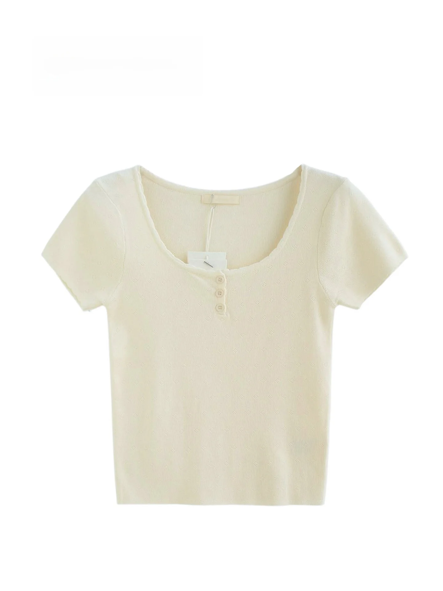 Summer New Pure Desire Sweet And Spicy Short Hollow out Short Sleeve U-Neck Knitwear Top for Small Figures Commute Style