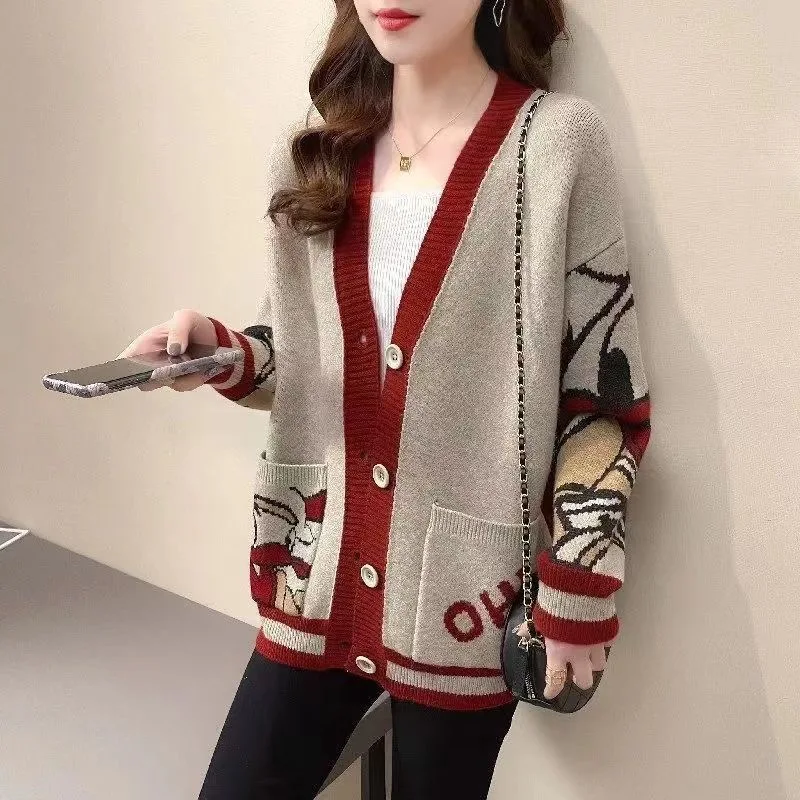 Disney Knitted Cardigan Japanese Donald Duck Cartoon Sweaters for Women Coat Female Autumn Winter Loose Wild Thicken Kawaii Tops