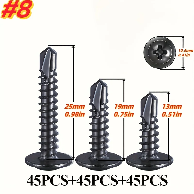 135PCS #8 Black Self Drilling Screws Phillips Truss Head, Sheet Metal Self Tapping Screws, 13mm 19mm 25mm Sizes