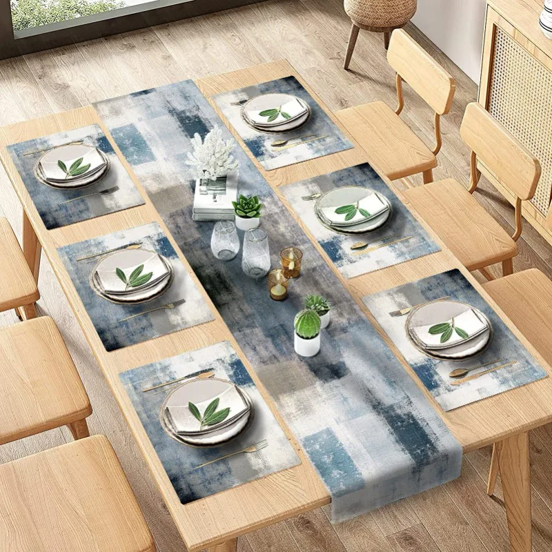 Bauernhaus 7 Stück Tisch läufer und Tischs ets Set Leinen abstrakte Kunst Esszimmer Wohnzimmer Tisch dekoration Familie Tisch läufer Anzug