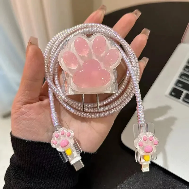 Pink Cartoon Cute Cat Paw Clear Silicone Charger Case For IPhone 18W-20W Fast Charge Protection Cover Charger Sleeve Accessories