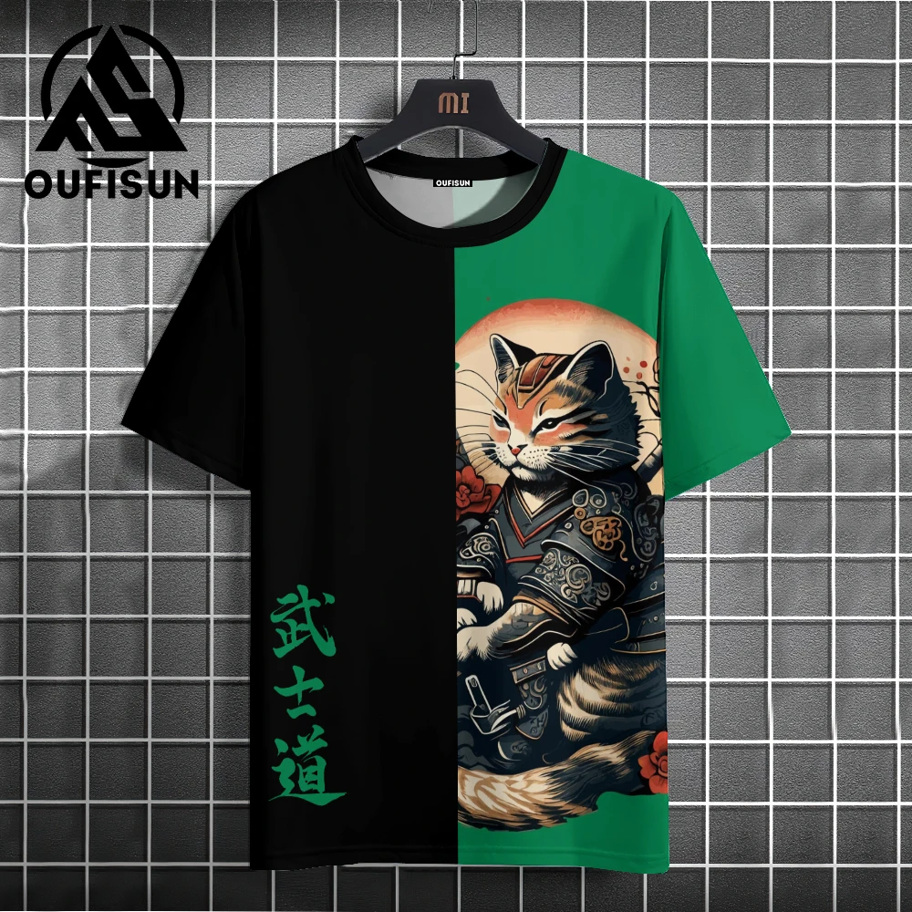 Japanese Anime Samurai Cat T-Shirt For Men 3d Animal Print Short Sleeve Tops Tees Casual T-Shirt Oversized Shirt  Men Clothing