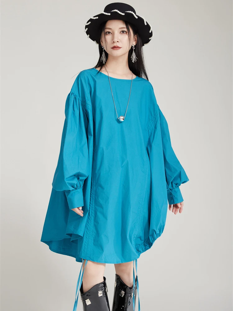 Women Blue Drawstring Irregular Big Size Long Blouse New Round Neck Long Sleeve Shirt Fashion Spring Autumn