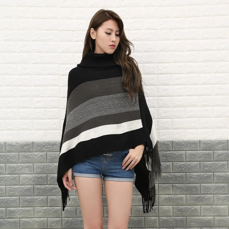 Spring Autumn New Women Irregular High Neck Striped Tassel Shawl Cloak Sweater  Pullover Blouse Female  Jacket  Brown