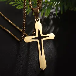 Stainless Steel Hollow Double Cross Pendant Christian Prayer Necklace for Men and Women Catholic Amulet Jewelry Gift