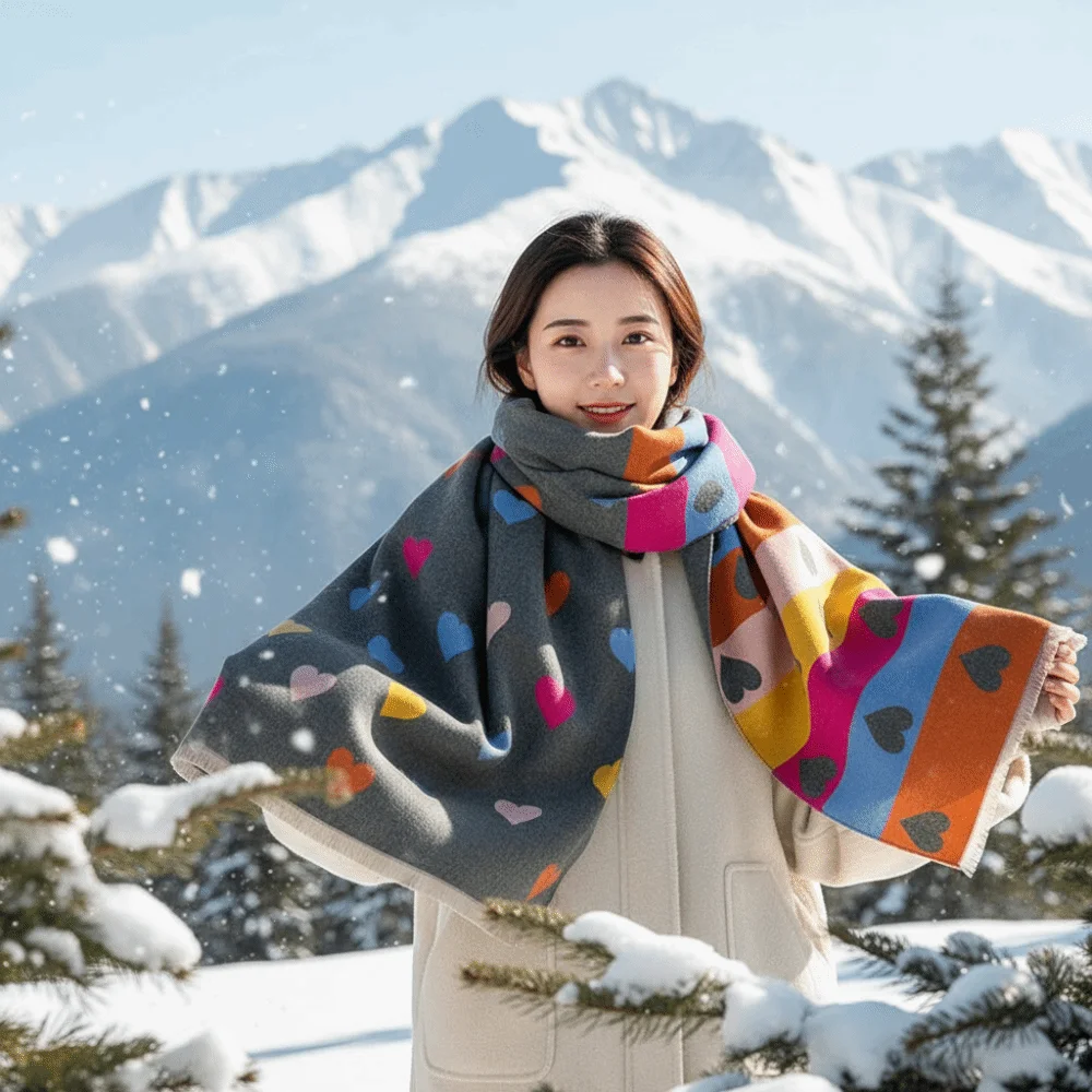 Long Blanket Scarf Thick Heart Pattern Scarf Warm Fringed Faux Cashmere Wrap Double Sided Soft Korean Style Muffler Daily Wear