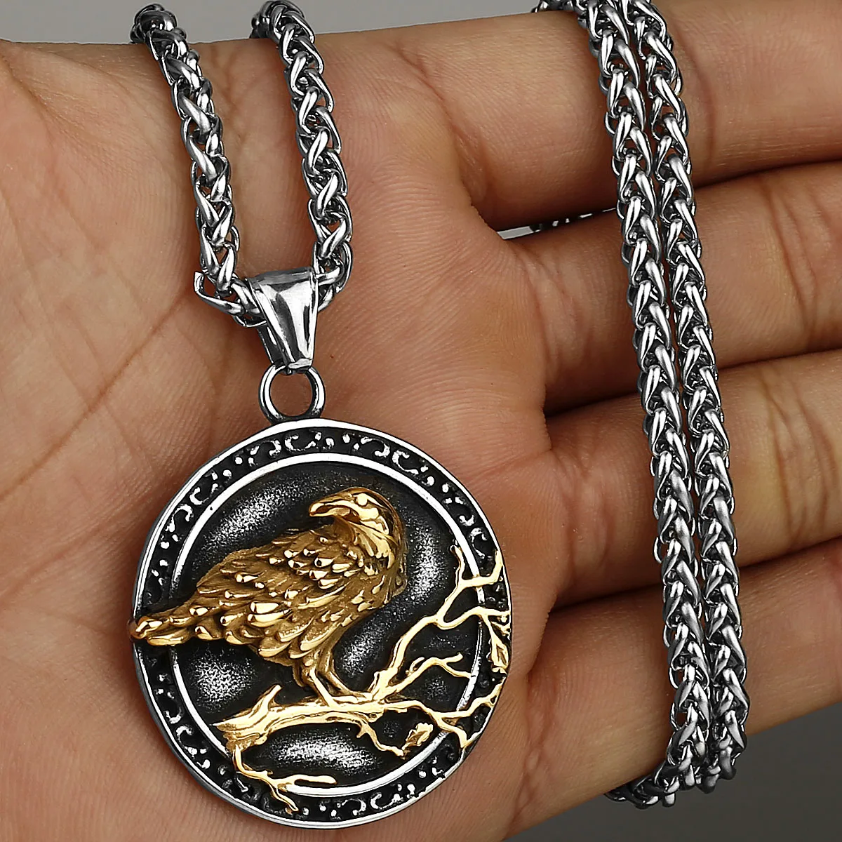 Viking Vintage Odin Raven Huginn Muninn Mixed Gold Color Pendant Stainless Steel Men's Amulet Necklace Jewelry Gifts Wholesale