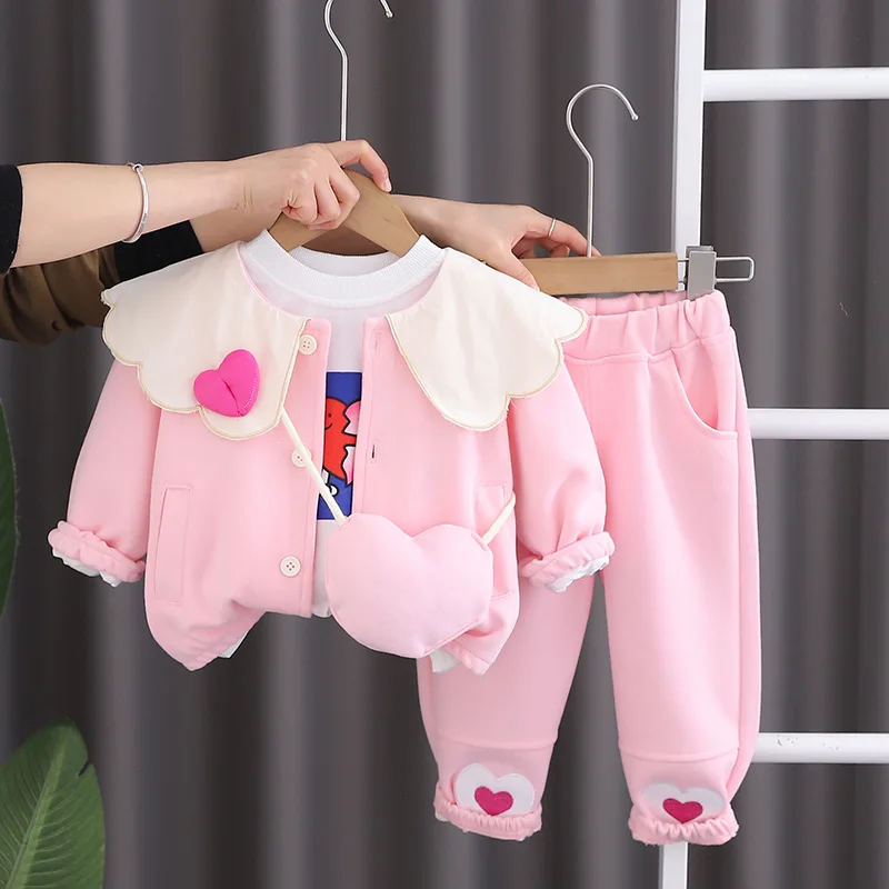 Kids Spring Clothes 2024 New Korean Style Love Cardigan Baseball Jersey + T-shirts + Pants Childrens Suit Baby Girls Outfit Sets