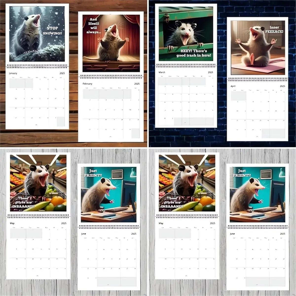 A67T NEW 2026 Scream Possums Calendar January to December Thick, Full-Color Monthly Pages Gag Gift for Animal Lovers 2pcs