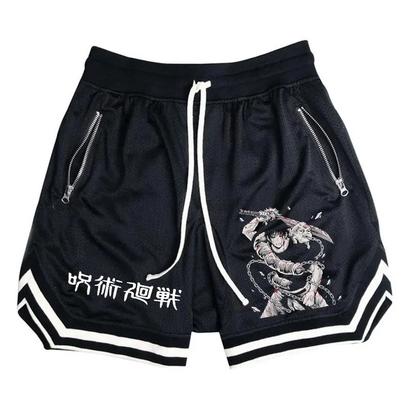 Basketball Shorts Men Striped Running Sport Gym Anime Jujutsu Kaisen Shorts Mesh Breathable Fitness Training Workout Bottom Male