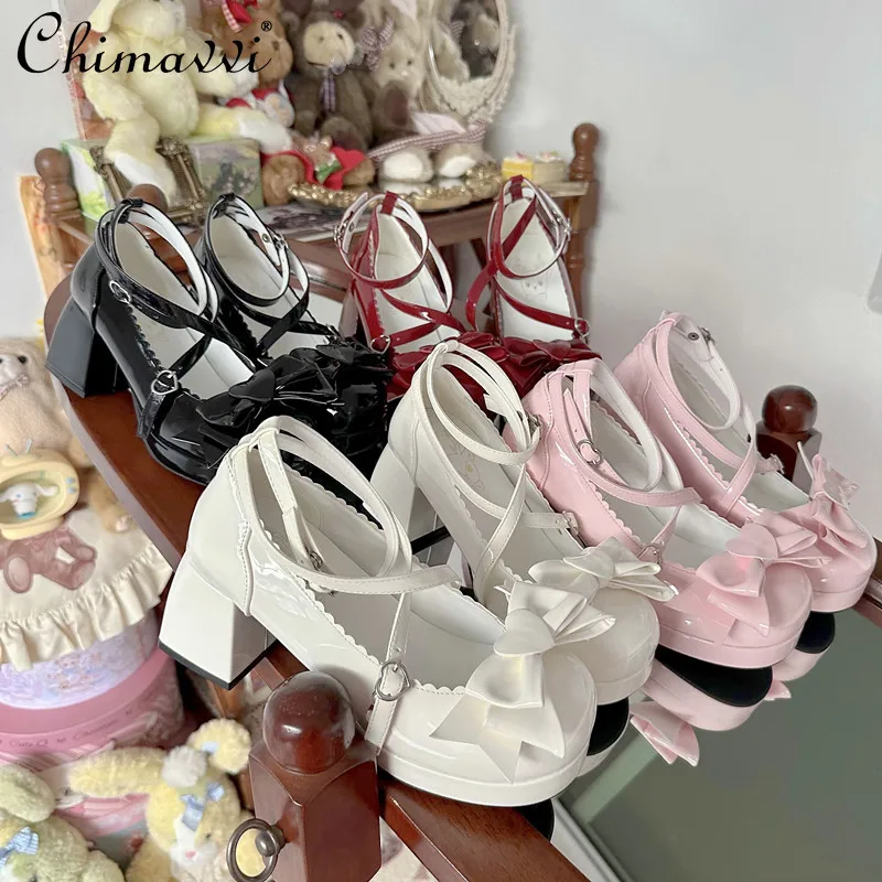 

Lolita Style Japanese Girl Sweet Elegant Thick Bottom High Heel Women Mary Jane Shoes Fashion Leather Pumps Bow Paltform Shoes