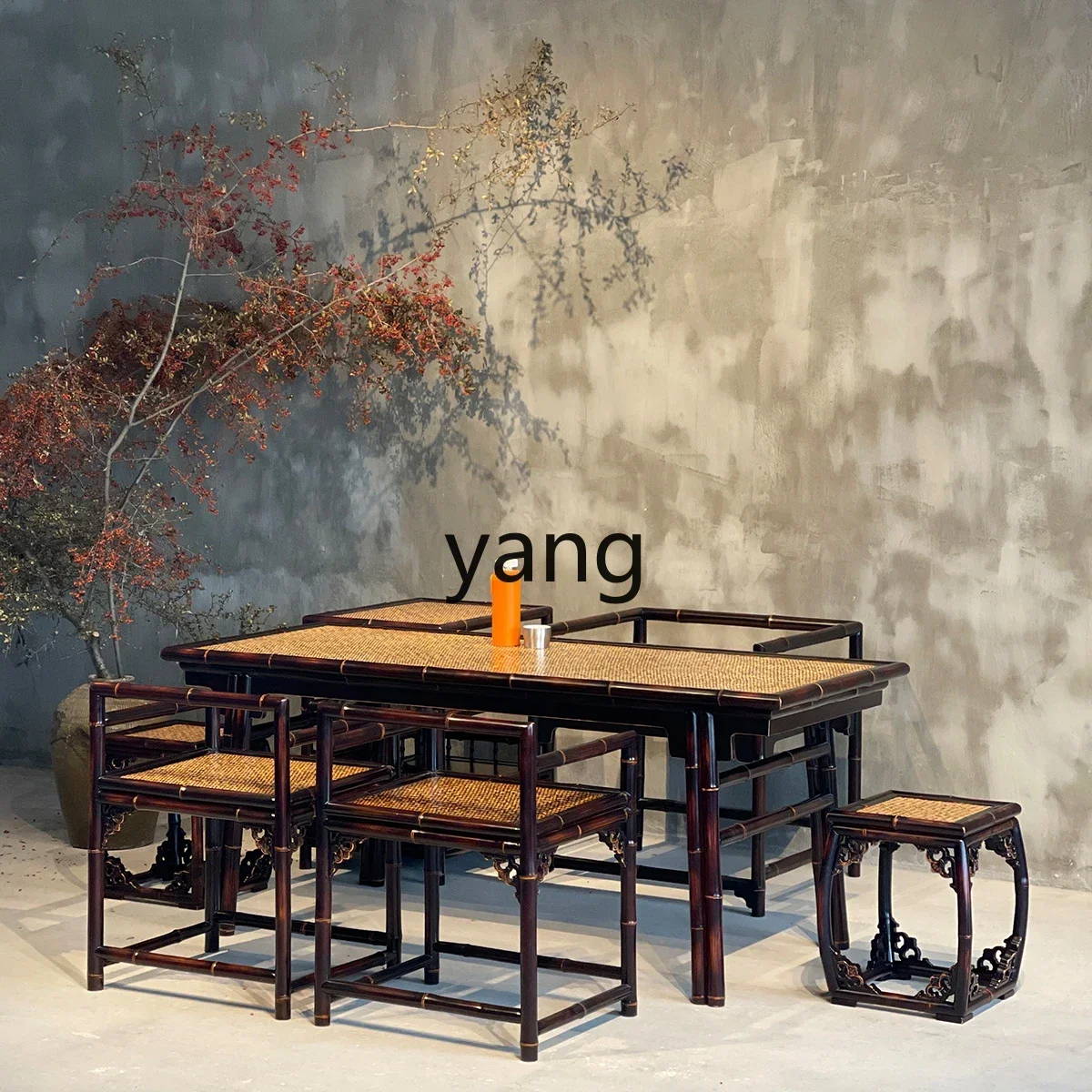

LHMing-style chao table handmade original bamboo antique long tea table Chinese long tea sea 7-piece set