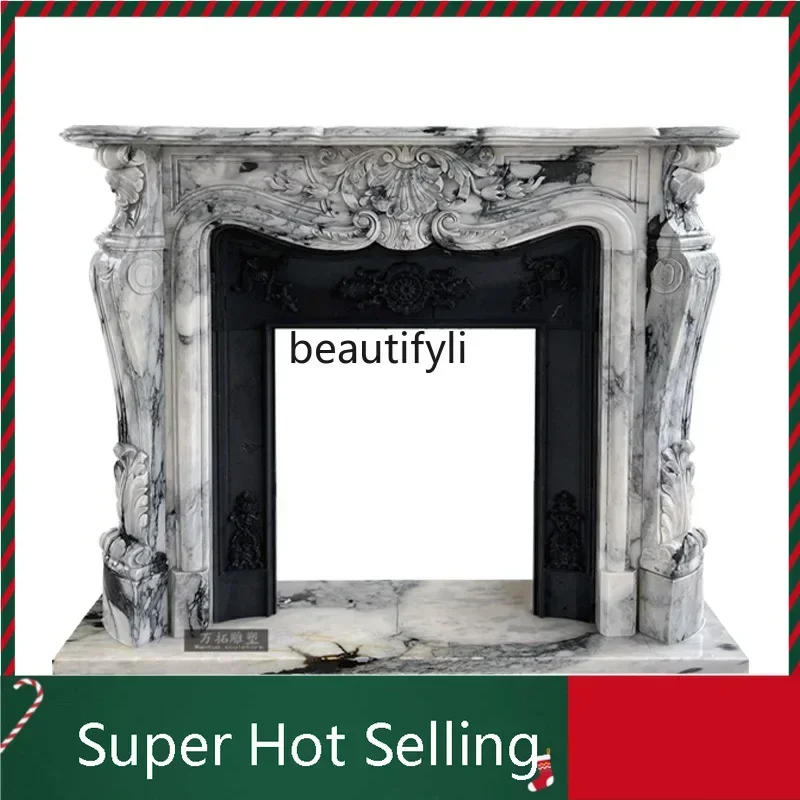 

D06Marble Fireplace Natural Stone Large Flower White American Villa Living Room Decorative Cabinet Fireplace