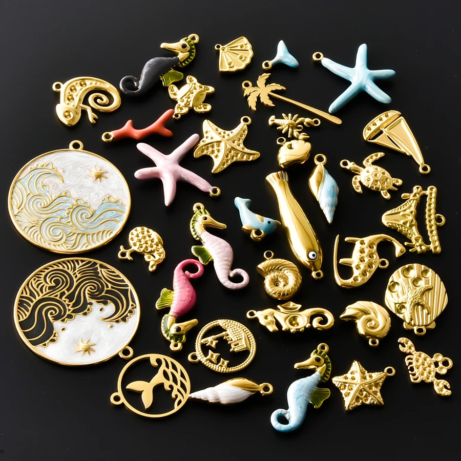 3/5 Stück/Set Meerestier-Anhänger in Goldfarbe mit Öltropfen-Effekt, Seestern, Muschel, Fisch, Edelstahl-Anhänger für Schmuckherstellung, DIY-Armbänder – Detail 3