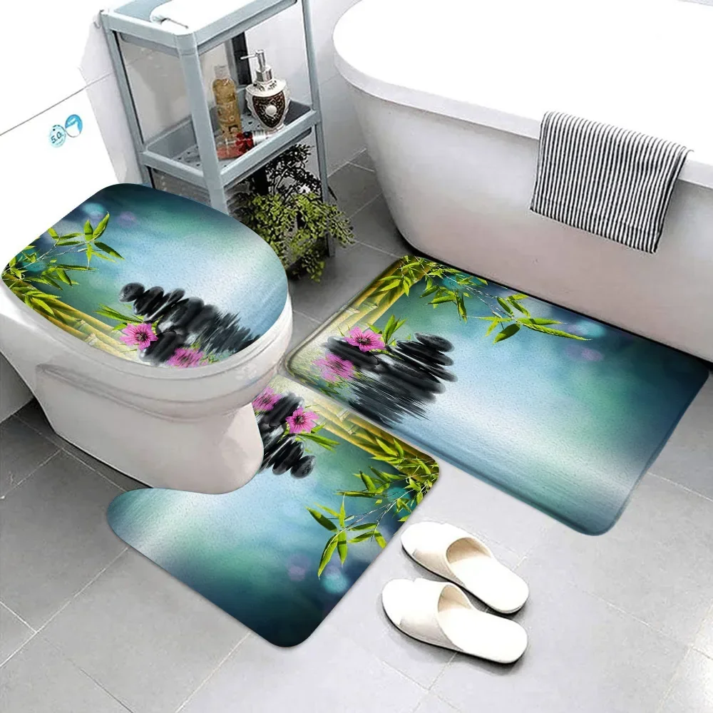 Zen Bathroom Rug Set Green Bamboo Meditation Black Pebbles Flowing Flannel Non-Slip Bath Mat Toilet Mat Toilet Decor Carpet Set