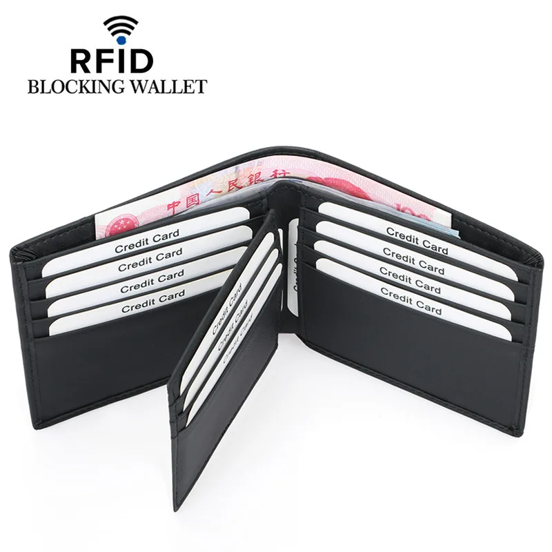 Short Genuine Leather Men's Wallet RFID Anti-magnetic Multi-card Slot Stitching Two-fold Wallet