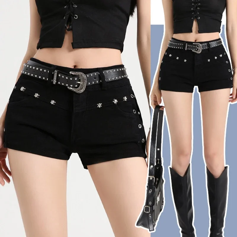 2026Black Y2K Low Waisted Denim Shorts Women Gothic Punk Rivets Slim Fit Micro Jean Shorts Woman Sexy Club Wear Pants No Belt - view 5