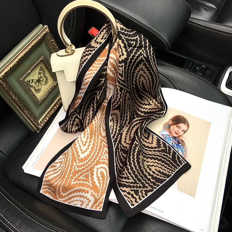 Double Layer 100% Silk Ring Scarf Wraps Luxury Horse Print Narrow Long Neckerchief Necktie Ladies Head Hair Scarves 150*16cm