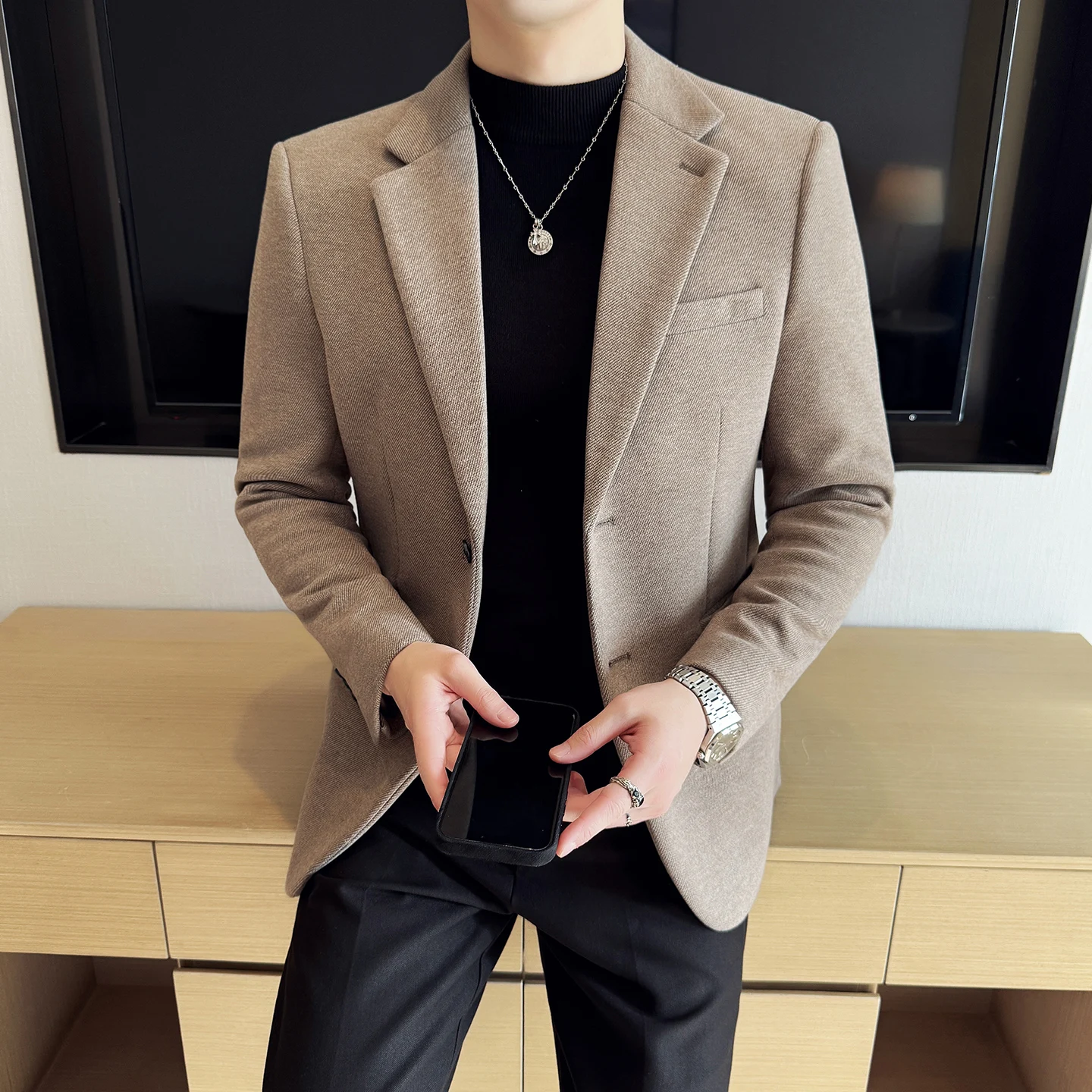 بدلة صوف سميكة عالية الجودة للخريف والشتاء، سترة بدلة عصرية وغير رسمية للرجال، بدلة ضيقة على الطراز الكوري #4