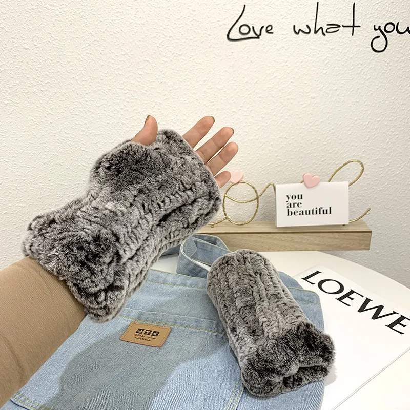 Real Rex Rabbit Fur Gloves Natural Fur Elastic Fingerless Gloves Wrist Warmer Fluffy Fur Knitted Mittens Outdoor Fur Gloves