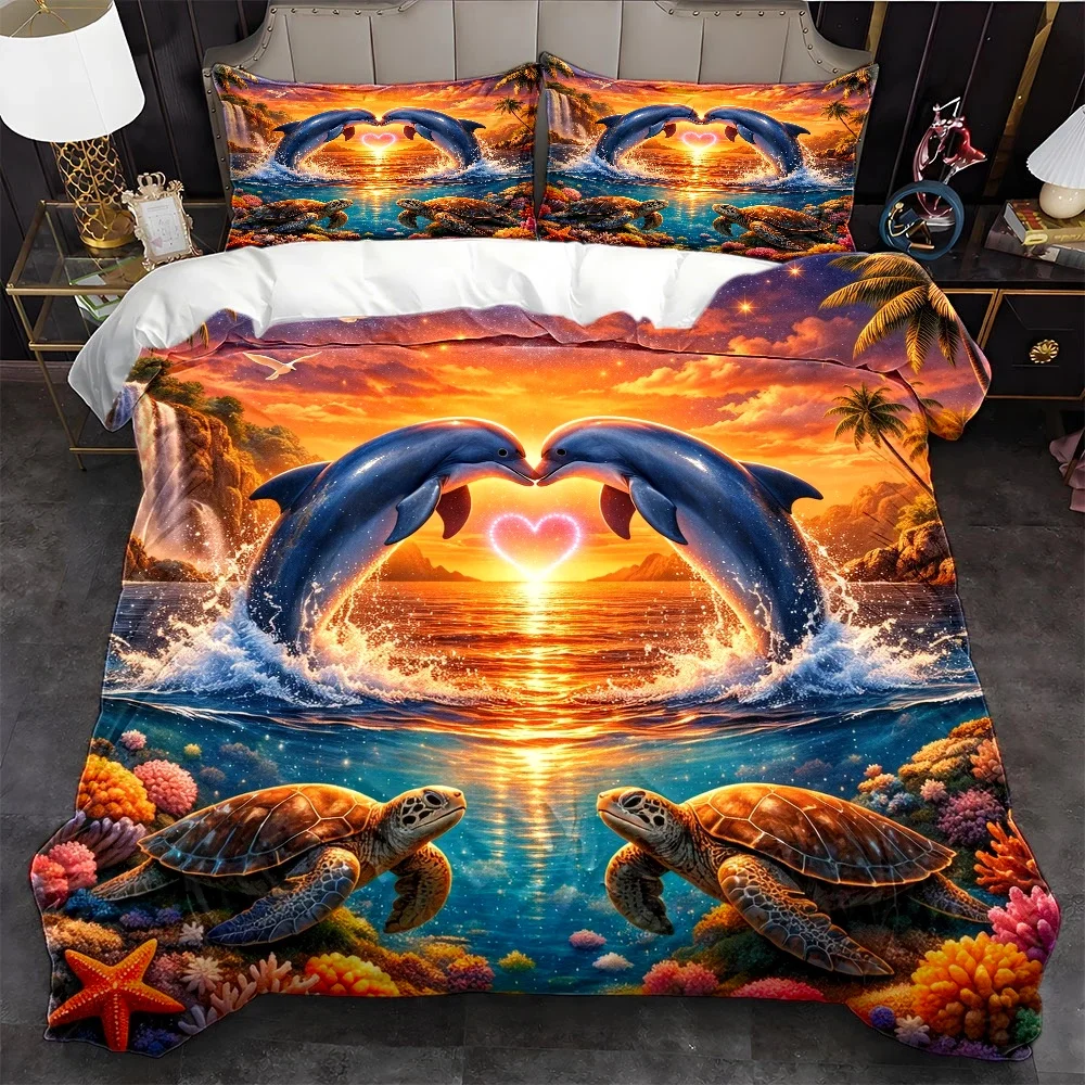 3Pc Dreamy Ocean Theme Duvet Cover Set, Three-Piece Bedding Set (1*Duvet Cover + 2*Pillowcases), Suitable for All Seasons, Machine Washable, Invisible Zipper Double Bed Cover, Suitable for Home, Dormitory, Master Bedroom, Guest Room, Tropical Dolphin, Sea Turtle, Coral Print, Large Size Bedding Set, Comfortable and Skin-Friendly Three-Piece Bedding Set, Ocean-Themed Decorative Bedding with 2D Flat Print