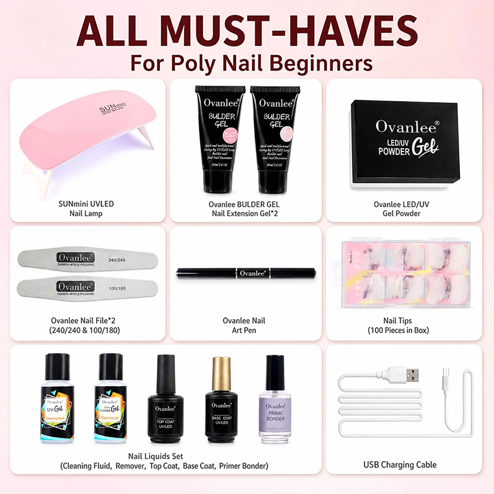 Ovanlee 2-Tube Form-Free Poly Gel Nail Kit – 30ml Builder Gel with Mini UV/LED Lamp, 100 Pcs Nail Tips, Files & Complete Liquids for Direct Application & Long-Lasting Extensions gallery 4