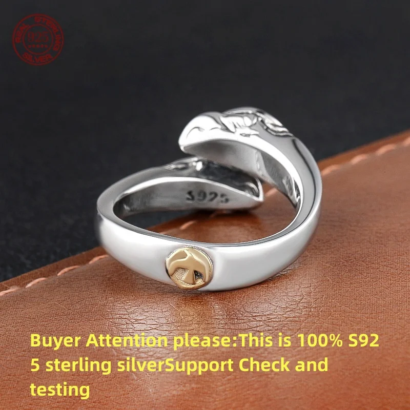 S925 Sterling silver personality double head Eagle Open Ring men's and women's fashion trend Flying Eagle Point Gold Ring