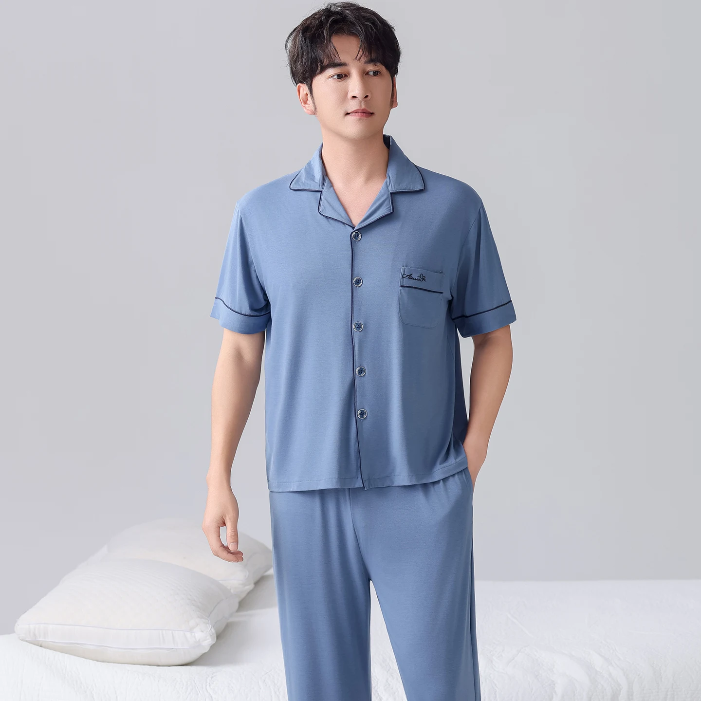Men Cardigan Pajamas Set Summer Soft Modal Pyjamas Male Home Clothes Short-sleeve Tops + Long Pants 2 pcs/set Sleepwear