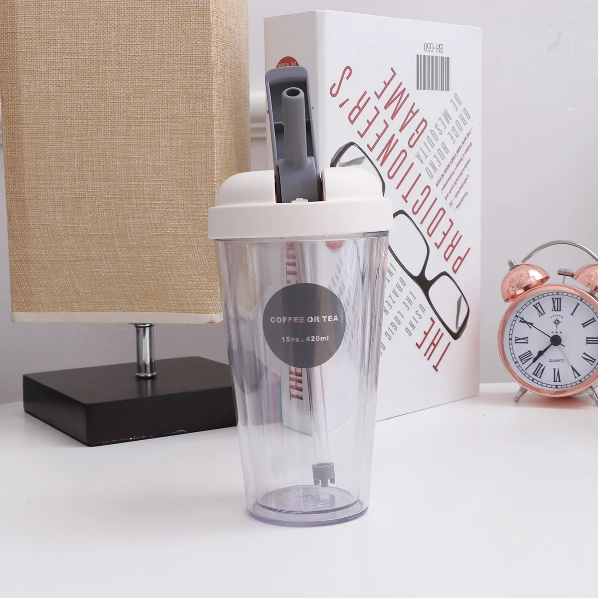 

420Ml Double Layer Plastic Water Bottle Leak Proof Spout Wide Mouth Easy Clean Portable Drinking Bottle For Sports Cycling