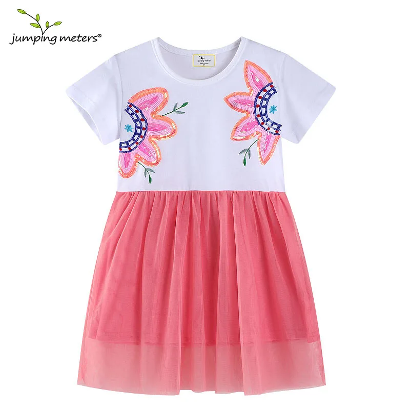 Jumping Meters 2-7T Summer Girls Dresses Princess Flowers Beading  Party Short Sleeve Birthday Wedding Baby Frocks Costume
