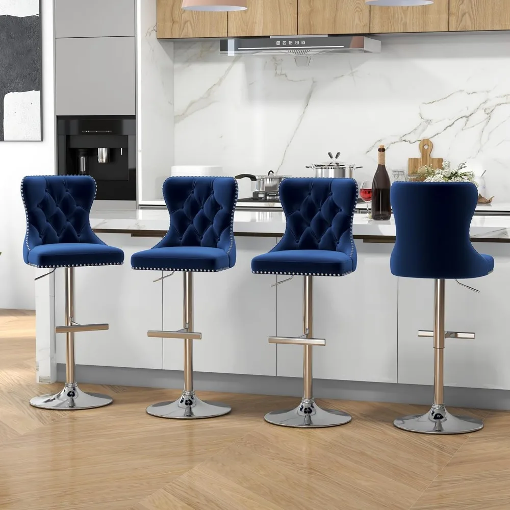 Barhocker-Set, 4er-Set, drehbare Thekenhocker aus Samt mit getufteter Rückenlehne, verstellbarer Sitz mit Nagelkopfbesatz