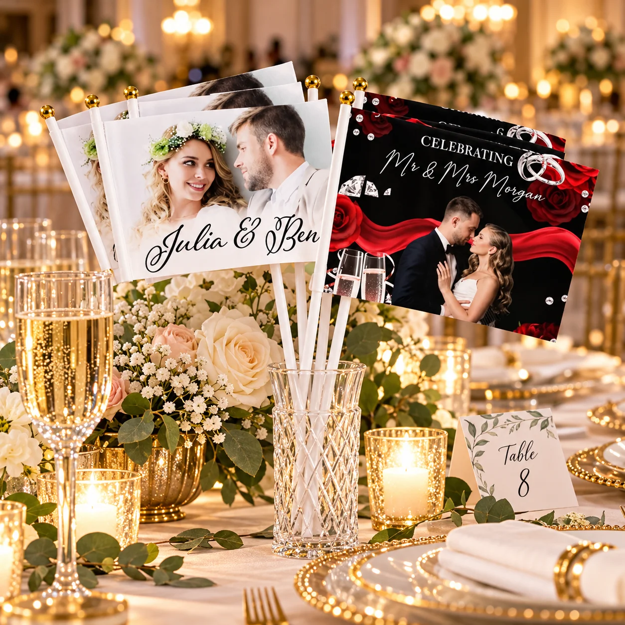 Custom Photo Wedding Handheld Flag, Personalized Mr & Mrs Hand Flag for Wedding Guest Party Photo Props