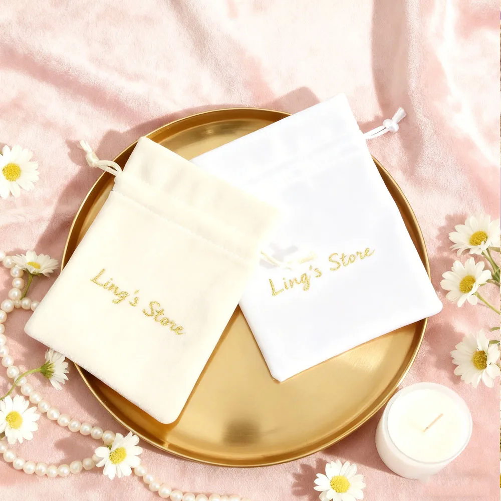 

White Velvet Jewelry Packaging Drawstring Pouch Custom Chic Small Dust Jewellery Package for Christmas Wedding Party Gift Bags