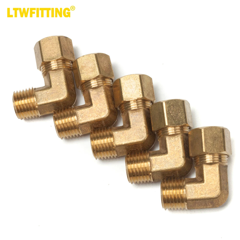 LTWFITTING 3/8-Inch OD x 1/4-Inch Male NPT 90 Degree Compression Elbow,Brass Compression Fitting(Pack of 5)