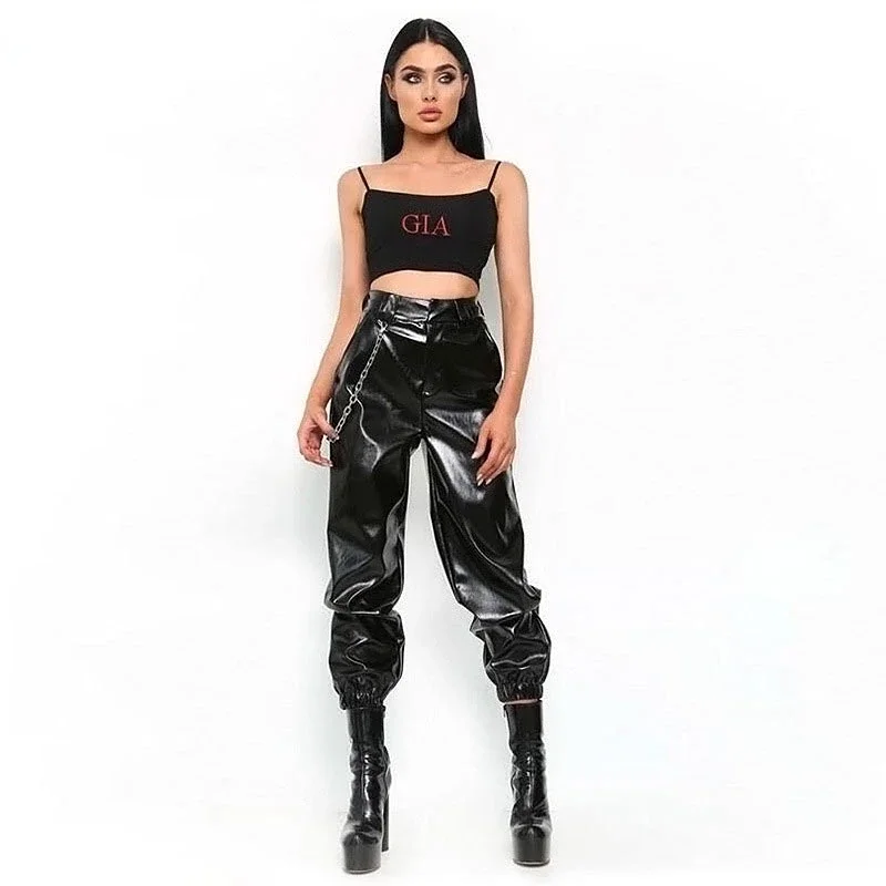 Women Hip Hop Chain Belt Leather Cargo Pants Punk Style Bloomers Pants Loose PU Patent Leather Elastic Waist Trousers Custom