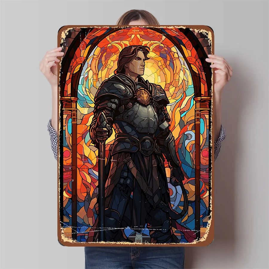 Витраж «Рыцарь в доспехах», металлический настенный художественный декоративный железный постер в стиле средневековой фантазии для домашнего бара