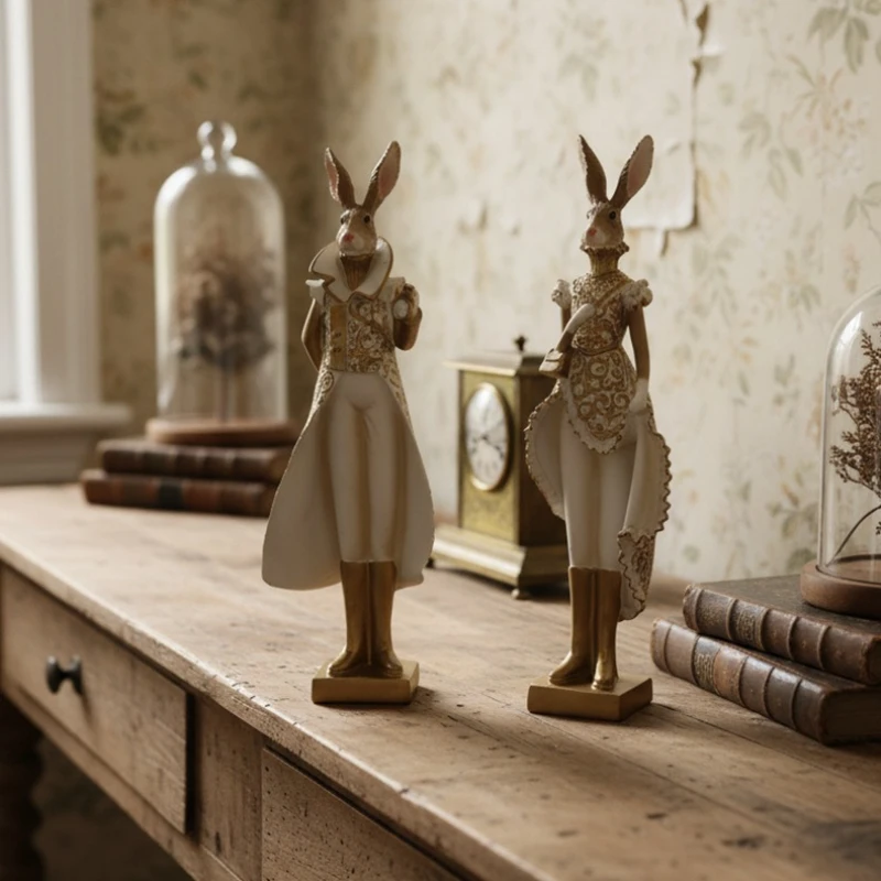 Gentleman Rabbit and Fairy Rabbit Sculptures, Resin Animal Statues, Living Room Decoration, Home Decoration Accessories