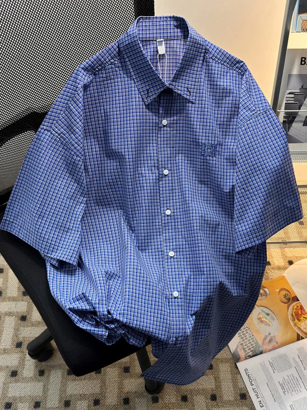 

Blue Plaid ort Sve irt Men's Loose Fit Summer Thin Sle Retro American Embroidery irt Trendy Brand f Sve Jaet