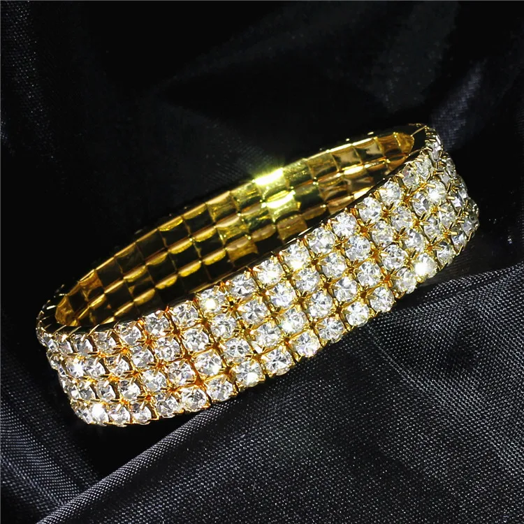 Fashion Full Crystal Rhinestone Elastic Charm Bracelets Gold Silver Plated Bangles Bling Wristband Women Wedding Jewelry gift