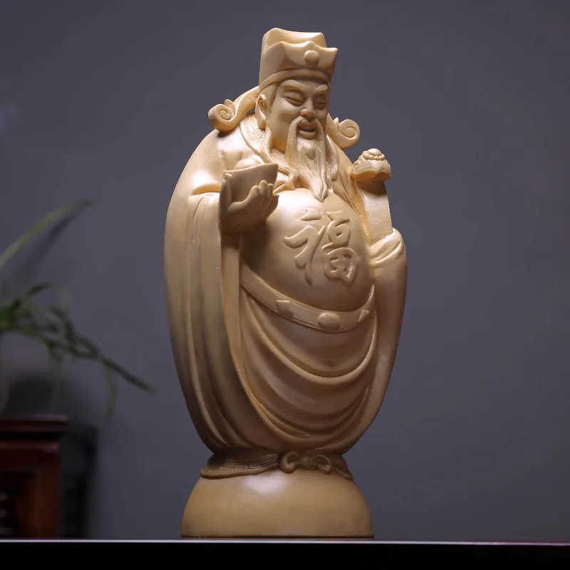 Large Hand-Carved Wood Caishen God of Wealth Statue, Home Temple Blessing Collectible Ornament