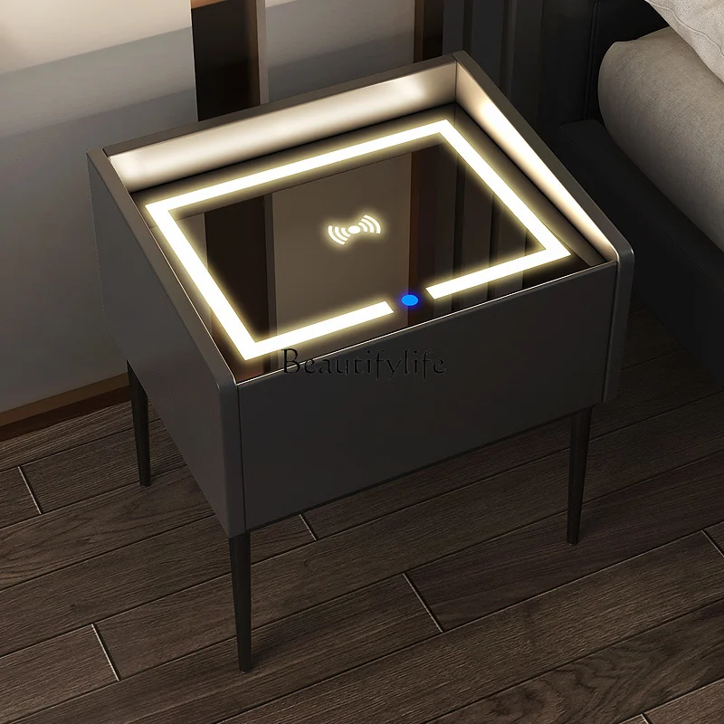 

01 Modern simple storage cabinet, wireless charging panel, night light locker