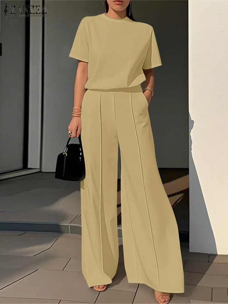 

2025 Summer Women Matching Sets 2PCS Solid Outfits Casual Work OL Suit ZANZEA Fashion Short Sleeve Blouse Wide Leg Pant Sets