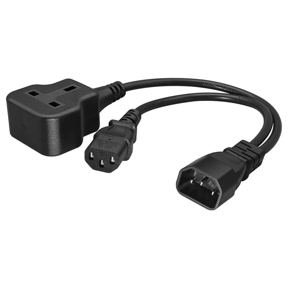 Black Power Cable Adapter C14 to Two for c13 Outputs and One UK Socket for Desktop For Computer Server and Rack Mount PDU